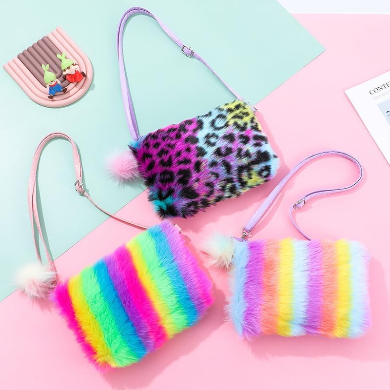 Newfancy Women Girls Kids Fluffy Fuzzy Bag Plush Tie Dye Rainbow Crossbody Purse Wallet - Image 3